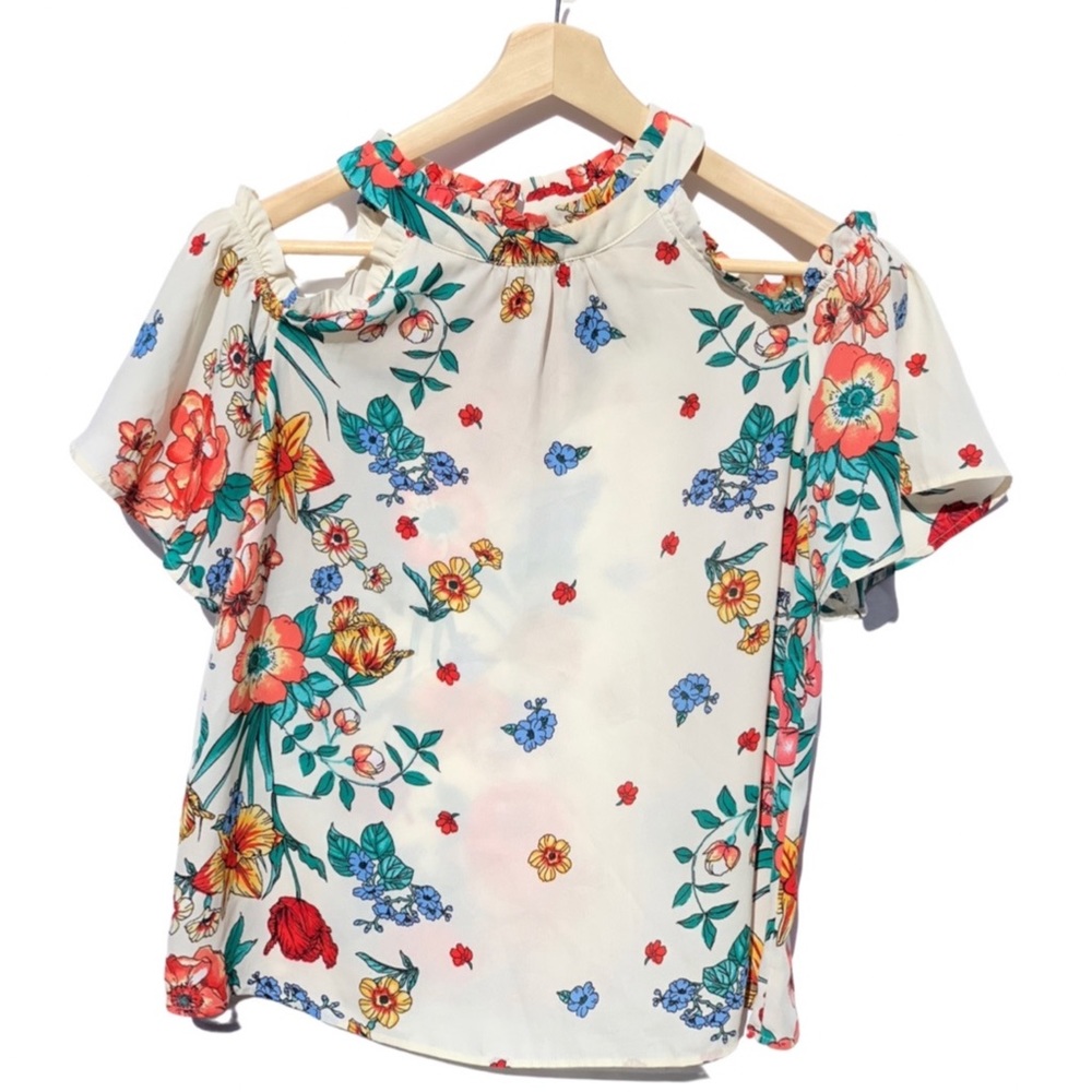 Monteau LA Peekaboo Shoulder White Floral Blouse Sz L
